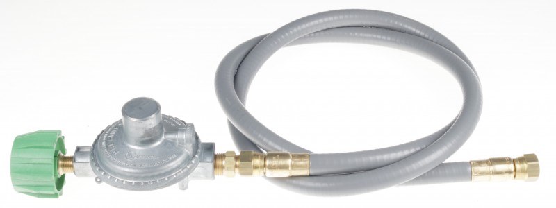 11" WC Low Pressure PRESET propane regulator with a Green Acme Type 1 Tank Connector  and a 3/8" ID UL approved hose 